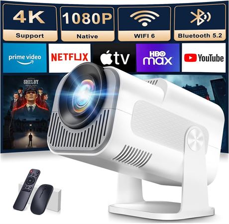 Mini Projector 1080P Full HD 4K WiFi 6 Bluetooth 5.2 Auto Focus Keystone White
