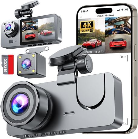 Dash Cam 4K Front Rear Inside, 3 Channel Car Camera, Free 32GB, Night Vision