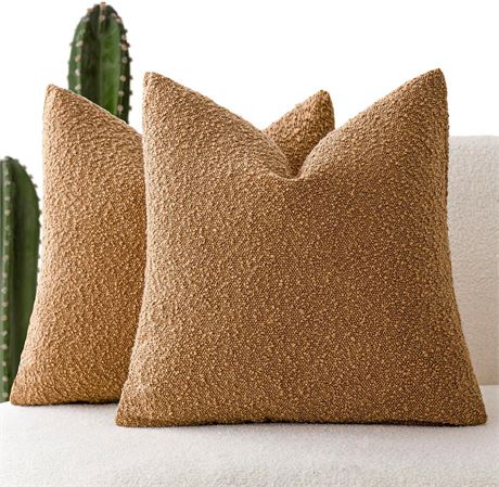 Foindtower Pillow Cases 18 x 18 Inch, Textured Boucle, Pack of 2, Tobacco