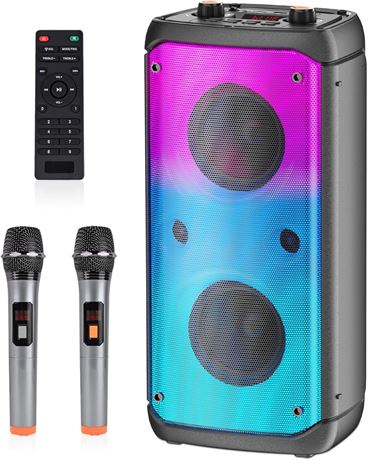 TAMPROAD Karaoke Machine 2 Wireless Mics Bluetooth PA Speaker LED Lights