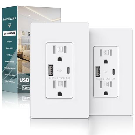 BESTTEN 2-Pack USB-C Wall Outlet 24W Dual Port 15A Tamper Resistant