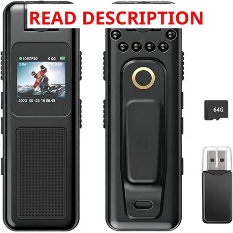 Body Camera 1080P, 64GB, 180  Lens, Night Vision, Magnetic, 0.85-inch Screen