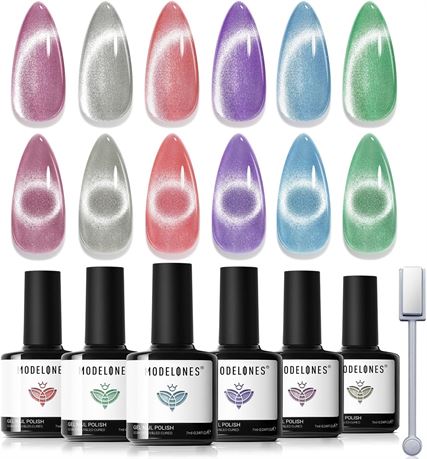 Modelones 6 Colors Gel Nail Polish Set, 9D Cat Eye Magnetic Soak Off