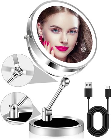 Lighted Makeup Mirror, 8in Double-Sided 1X/10X, Height Adjustable, Foldable