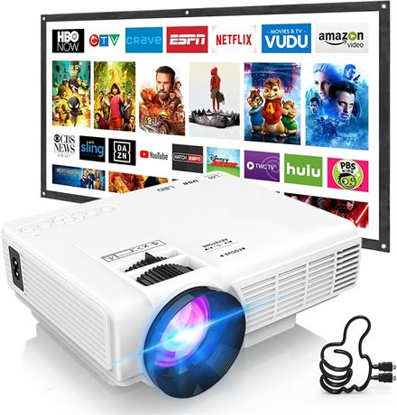 DRJ Mini Projector with 100" Screen, Full HD 1080P, HDMI USB TV Stick Compatible