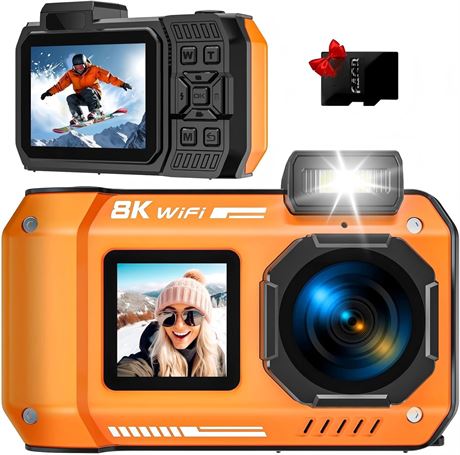 8K UHD 70MP WiFi Camera with 64GB, Underwater 33ft, Dual-Screen Selfie