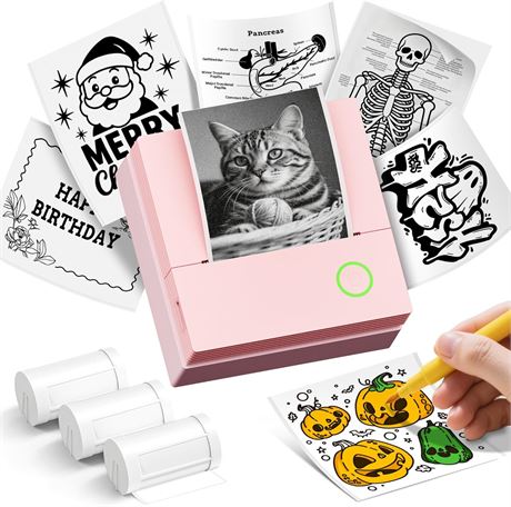 PM290C Portable Inkless Bluetooth Sticker Printer with 3 Rolls Paper, Pink