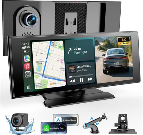 10.26" Wireless CarPlay/Android Auto Screen + 4K Dash Cam
