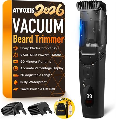 Vacuum Beard Trimmer for Men, IPX6 Waterproof, Rechargeable, Adjustable Comb