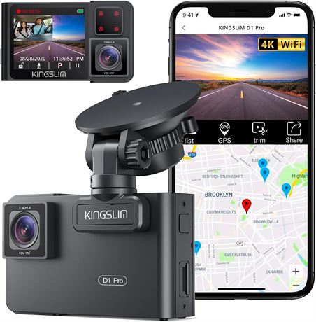 Kingslim D1 Pro Dual Dash Cam 4K Front & Inside GPS WiFi Night Vision