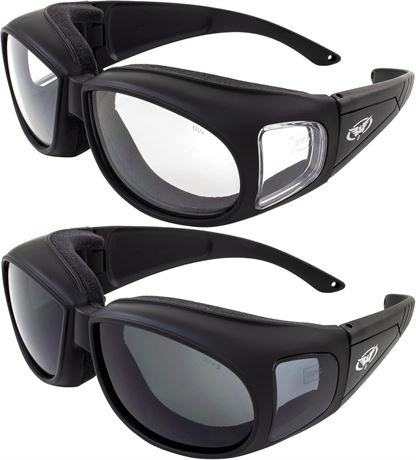 Motorcycle Safety Sunglasses 2-Pack Smoke & Clear, Fits Over Glasses, ANSI Z87.1