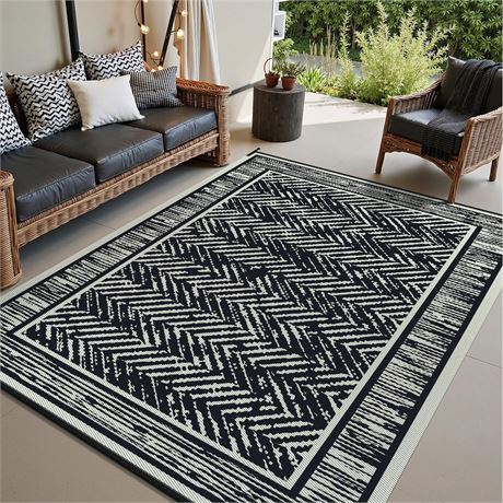 Tapis Extérieur 6x9 Noir Beige Imperméable Camping
