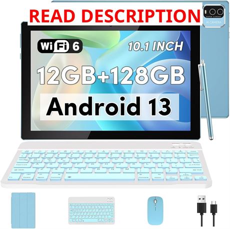 Android 13 Tablet 10in, 12GB RAM/128GB ROM, 2TB exp., 2-in-1 w/ keyboard, blue