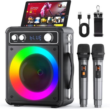 Karaoke Machine: Bluetooth Speaker with 2 Wireless Mics, PA System