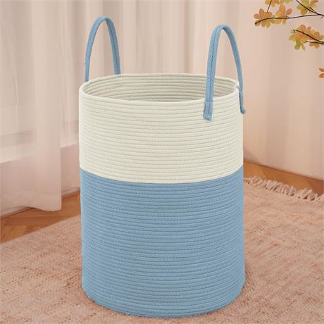 JMvicyroam Large Woven Laundry Basket Hamper, 60L, White/Blue