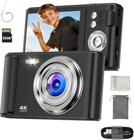 Digital Camera 4K for Kids: 48MP, Autofocus, 32GB TF Card, Point-and-Shoot