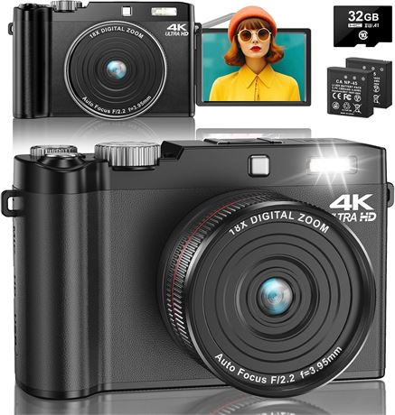 4K 64MP Vlogging Camera Autofocus 18X Zoom with 32GB SD Card