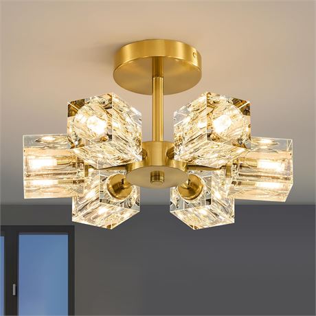 K9 Crystal Semi-Flush Ceiling Light, 6-Light Sputnik, Brushed Brass