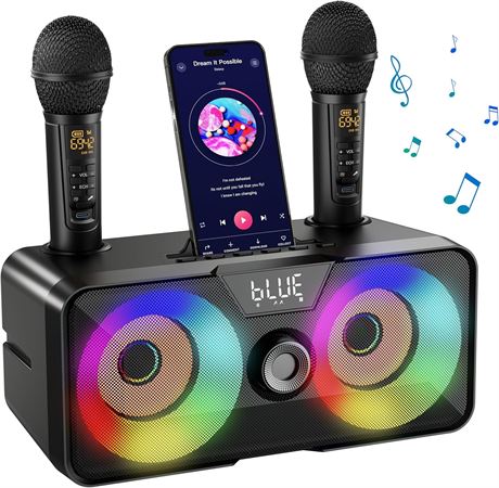 Karaoke Machine for Adults & Kids with 2 UHF Wireless Mics, Bluetooth PA