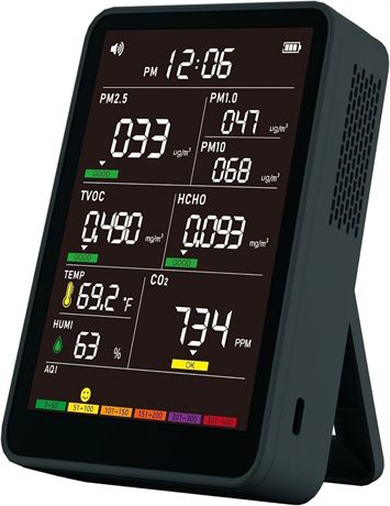 Indoor Air Quality Monitor with AQI Alerts, Detector for Home & Car