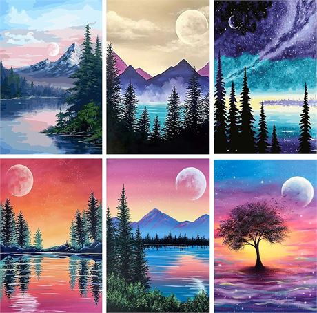 Paint by Numbers Kit for Adults, 6 Canvas Sets 8x12" Easy Beginner Art