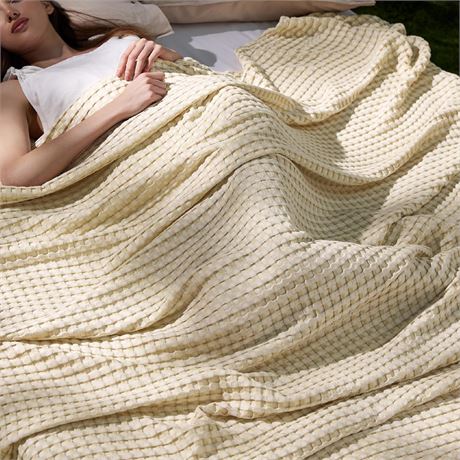 Bedsure Cooling Cotton Waffle Queen Blanket - Bamboo Rayon, 90x90, Beige