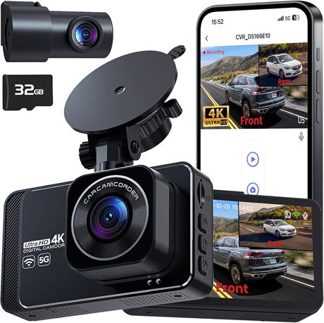 Cam ra voiture 4K + 2K, WiFi 5G,  cran IPS 3", WDR, carte 32 Go