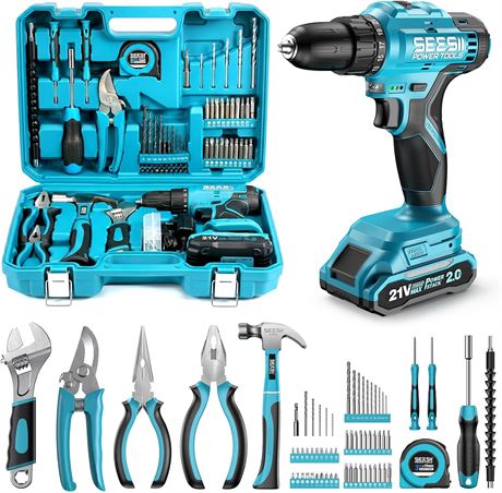 Seesii 21V Cordless Drill Tool Kit - 190Pcs Power Tool Combo Set, Toolbox
