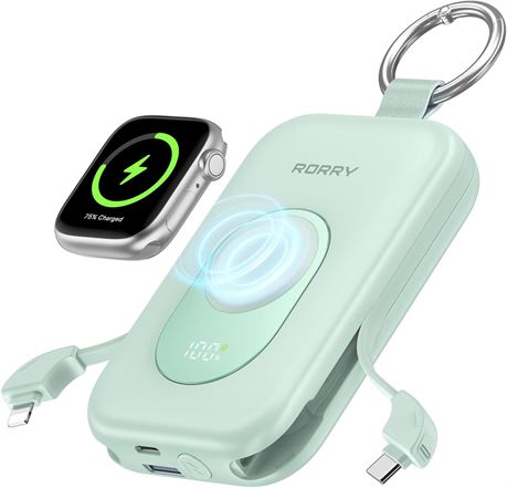 RORRY 20000mAh 30W PD Power Bank with 2 Built-in Cables, Green