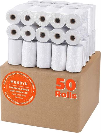 MUNBYN 2.25 x 50' Thermal Paper Roll (50 Rolls), BPA Free, Fits 58mm POS