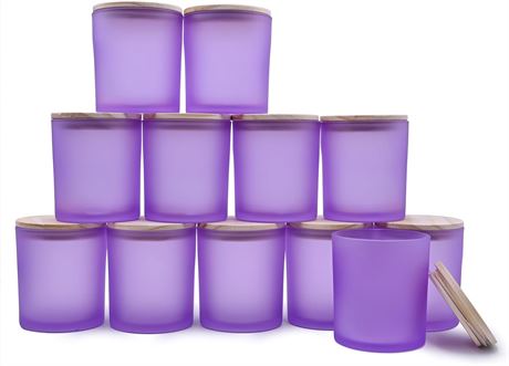 SHOWIN 14 oz Thick Candle Jars, 12 Pcs, 3-Wick, Wood Lids, Frosted Purple