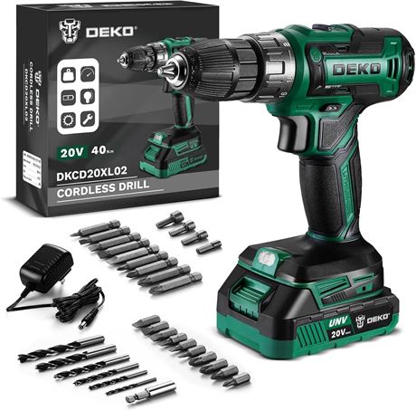 DEKO PRO Cordless Drill 20V Set with Battery & Charger, Green