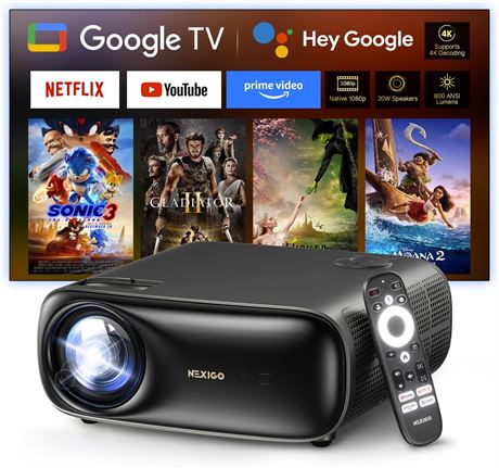 NexiGo PJ40 Pro Google TV Projector, Native 1080p, 4K, 800 ANSI Lumens