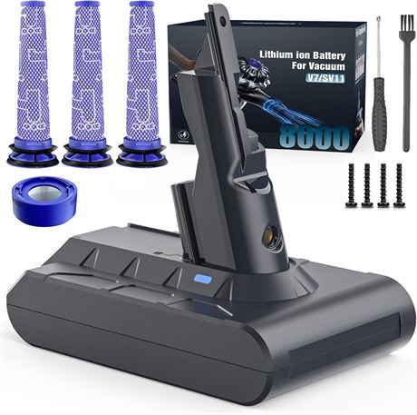 Dyson V7 Battery Replacement 21.6V 8000mAh Li-ion 2 Prefilters&1 Post-Filter