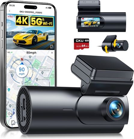 GKU Dash Cam Front & Rear 4K+1080P Dual, 64GB, WiFi/App, Night Vision