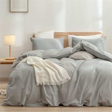 BESTOUCH Duvet Cover Set - 100% Washed Cotton Linen, 3 PCs LightGrey King+
