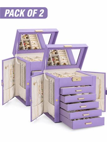 TORIBIO Large Leather Jewelry Box with Mirror & Lock, 6-Tier Organizer