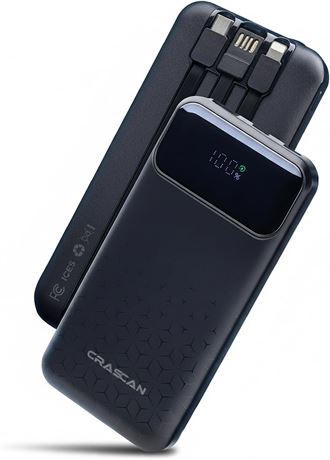 Chargeur 10 000 mAh,  cran, 4 sorties, c bles USB-C/Lightning/USB-A, 22,5 W