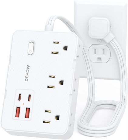 Power Strip with 6 AC Outlets, 4 USB-A Ports, Wall Mount, White