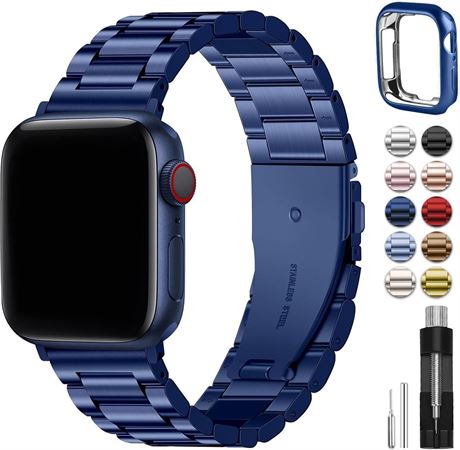 Fullmosa Metal Band for Apple Watch 38-42mm with Case, Series 9-1, SE, Blue