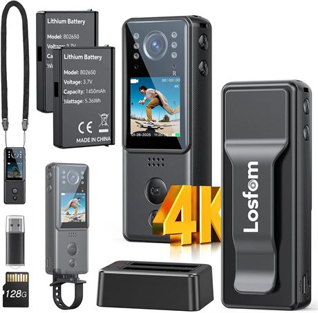 Z13 4K Body Cam with Audio, 128G, 2 Batteries & Dock, 6 IR Night Vision