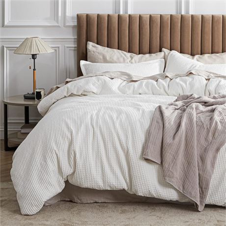 Bedsure Cotton Duvet Cover King - 100% Cotton Waffle, Coconut White King