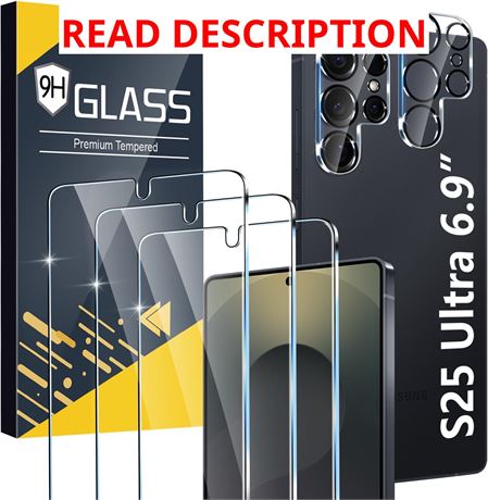 3+3 Pack Glass Screen Protector for Samsung Galaxy S25 Ultra 5G, 9H Tempered