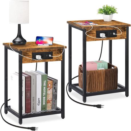 Table d'appoint avec station de charge USB,  troite, 2 niveaux   marron