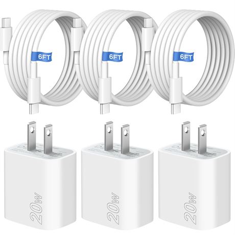 Chargeur iPhone USB-C 3 blocs + câbles type C 6FT pour iPhone 15 16 17 iPad