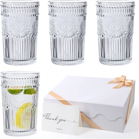 BPFY 4 Pack Romantic 12oz Glass Tumblers, Vintage Drinking Glass Set