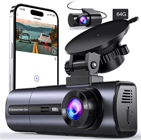3-Channel 1080P Dash Cam, Front + Cabin + Rear, WiFi App Control, Motion Detect