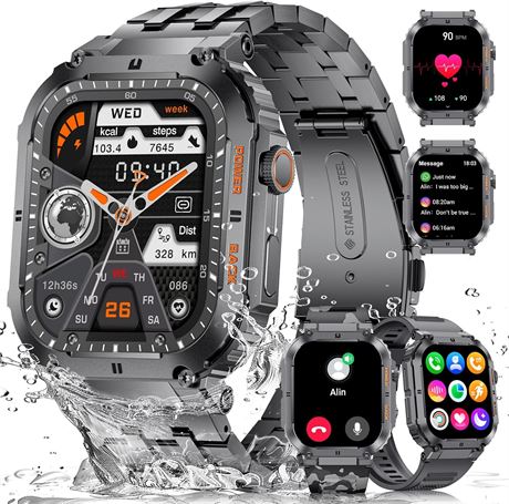 ESFOE 4.96cm Military Smart Watch 3 Bands, 400mAh Battery, 100+ Modes, IP68