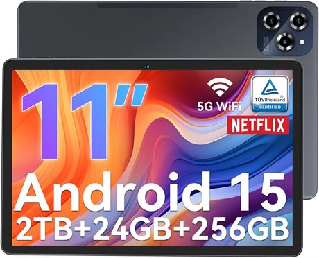 Android 15 Tablet 11in FHD, 24GB RAM, 256GB ROM, T615 Octa-Core, 18W