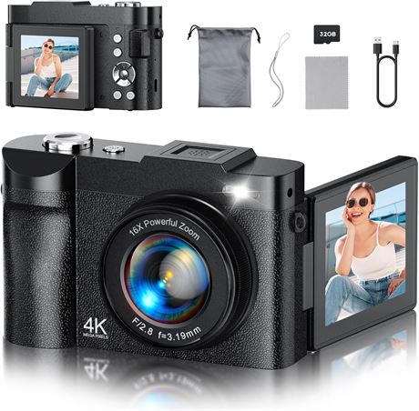 4K 50MP Digital Vlogging Camera 180° Flip Screen 32GB SD